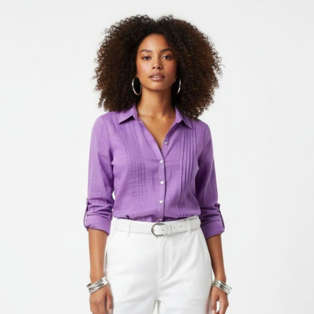Chico’s Lavender Convertible Long Sleeve Button Up Pleat Front Blouse‎ Top 1 M